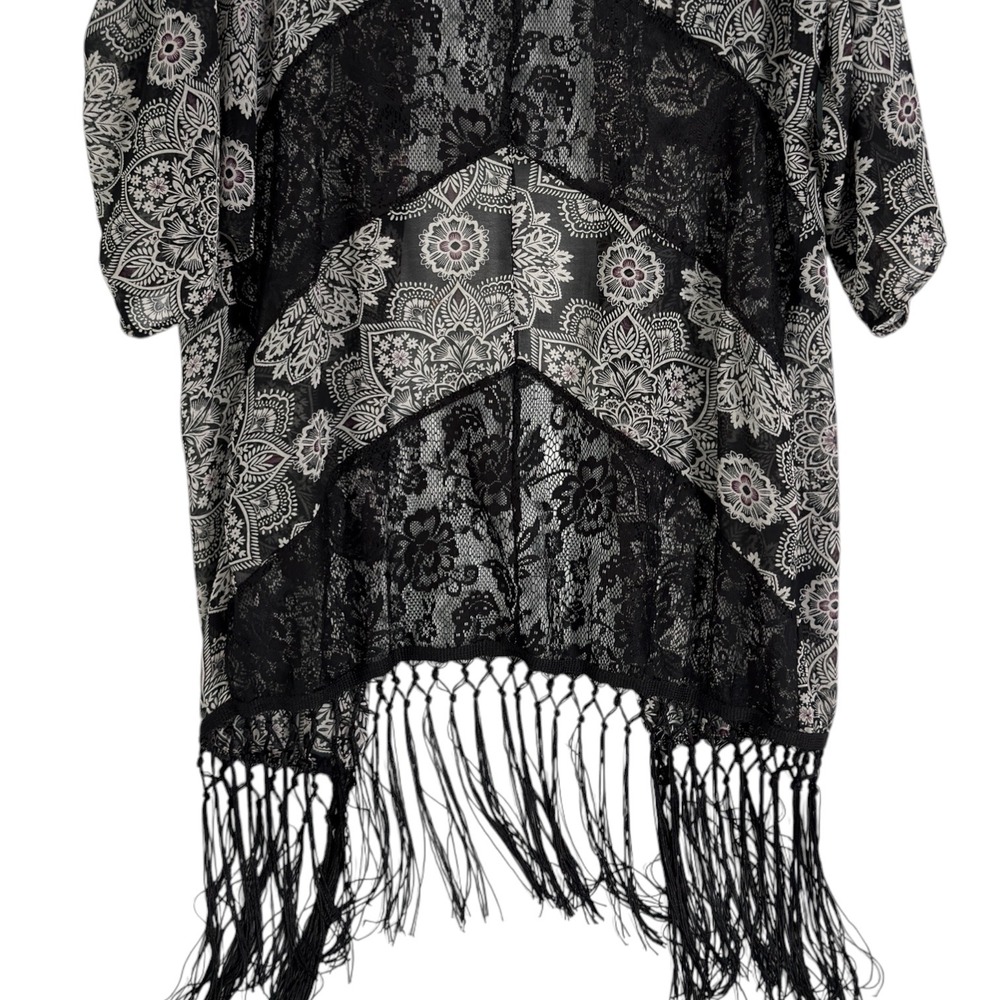 Charlotte Russe Kimono Black White Mandala Lace Fringe Women S/M Boho Festival